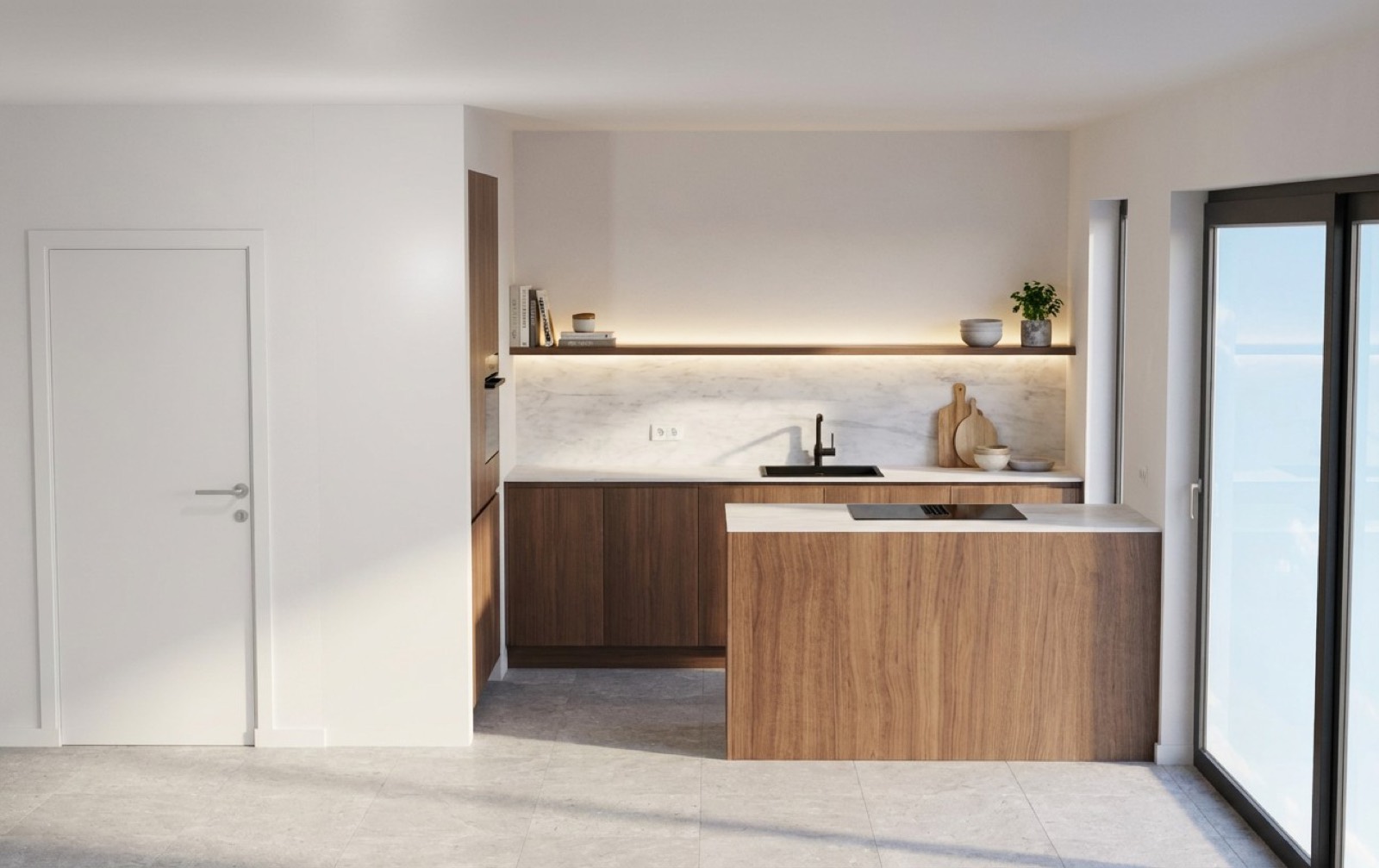 Appartement 1.2, keuken in noten met marmer